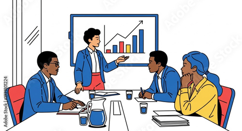 Business team meeting with presentation chart showing growth.