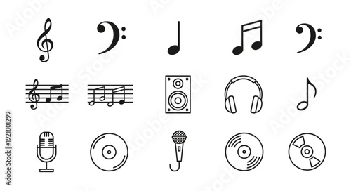 Collection of musical symbols and audio equipment icons.