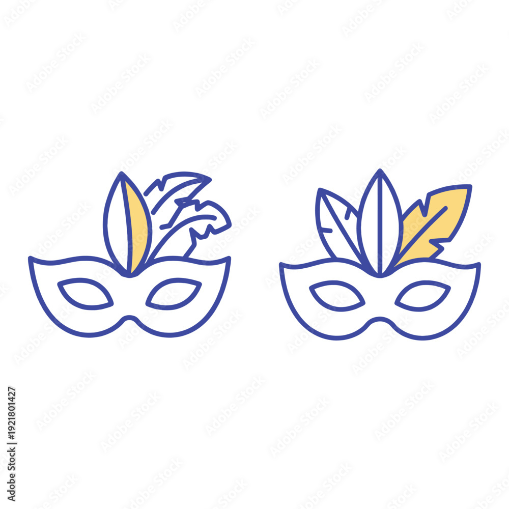 Fototapeta premium Two white carnival masks with colorful feathers on top for party and celebration