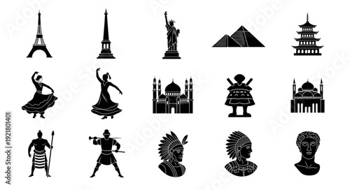 Collection of famous landmarks and cultural icons silhouette set.