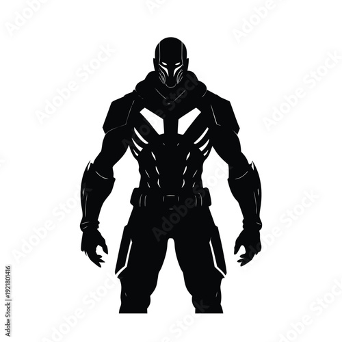 Superhero or warrior character silhouette vector illustration, futuristic soldier in armor
