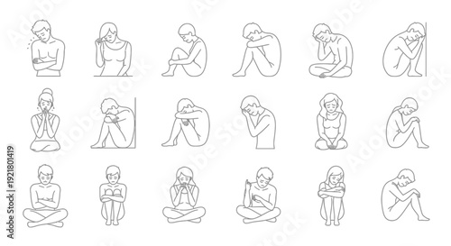 People expressing sadness in various poses and illustrations