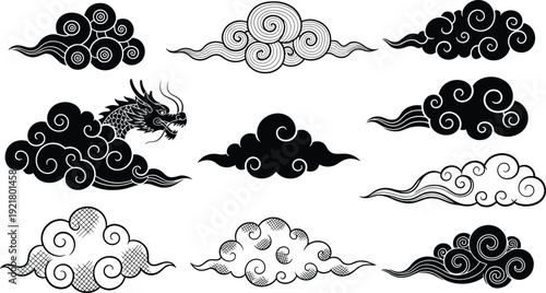 Black and white oriental clouds vector set featuring traditional Chinese dragon and decorative swirl patterns isolated on a white background.