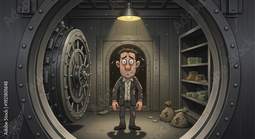 Cartoon man in suit standing inside a bank vault with money bags.
