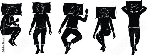 Black and white sleeping positions vector set showing male and female silhouettes lying on pillows isolated on a white background.