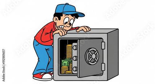 Cartoon man peeking into an open safe full of money.