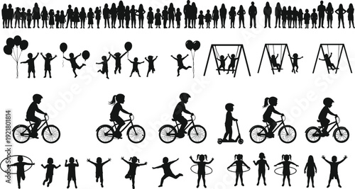 Children and families silhouettes, kids playing, jumping, riding bikes, parents, various poses, playground, isolated on white, black vector.