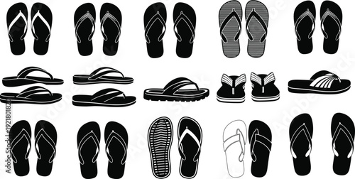 Flip flops silhouette vector set featuring sandals footwear collection summer beach shoes isolated line art black white fashion illustration