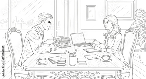 Couple sitting at a dining table discussing documents.