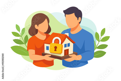 Couple Holding Secure House with Padlock Illustration.