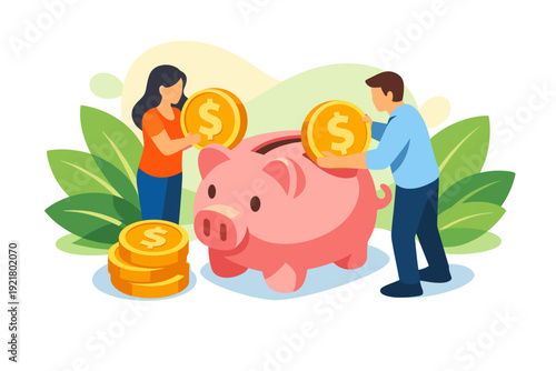 Couple saving money in piggy bank with coins.