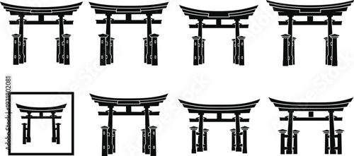 Black Japanese Torii gate silhouette set, traditional Shinto shrine entrance vector collection, Asian cultural architecture isolated graphic design elements illustration