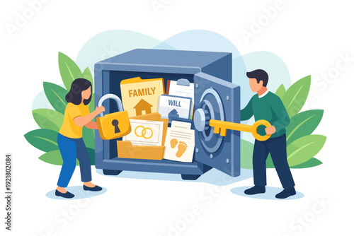 Couple securing family valuables in a safe deposit box.