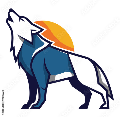 A majestic wolf howls at the vibrant sunset with its silhouette in a stylized illustration.