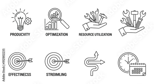 A set of line icons representing productivity, optimization, and resource utilization concepts in a streamlined workflow from various viewpoints.