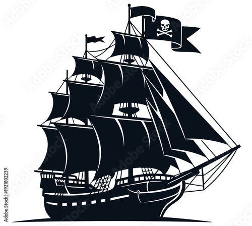 Pirate ship sailing with Jolly Roger flag at full sail, pirate vessel on the ocean, illustration, side view, sea voyage, adventure