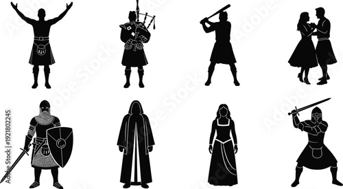 Black Scottish highlander medieval knight silhouette set, traditional bagpiper vector collection, historical warrior graphic design outline elements, dancing couple