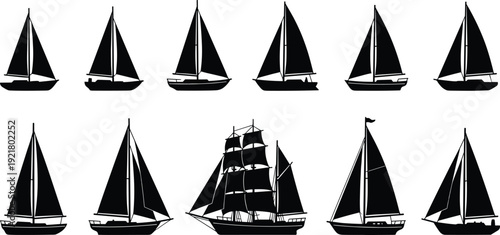 Sailboat and tall ship silhouette collection vector illustration, black sailing yacht icons set isolated on light background