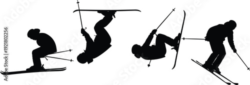 Black skier silhouette set, extreme winter sports vector collection, man jumping on skis, downhill racing, freestyle mountain recreation isolated elements