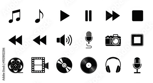 Collection of music and media icons in black and white.