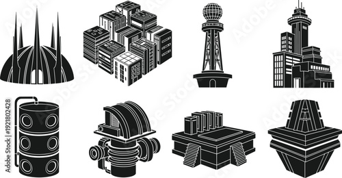 Futuristic city landmarks silhouette vector collection featuring towers, industrial structures, sci fi architecture icons, urban buildings set in black and white