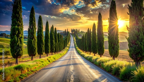 Winding road framed by tall trees under golden sunset. Rolling hills & distant buildings complete landscape