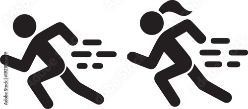 Running man and woman icons representing speed and movement perfect for sports fitness or competition concepts