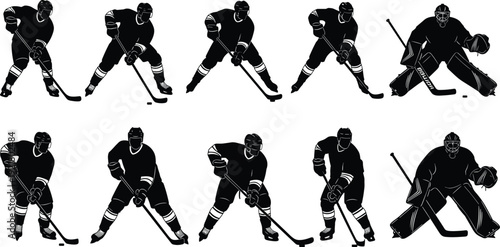 Ice hockey player silhouettes, goalie and skater vector artwork, dynamic sports graphic design, athletic clipart collection, winter game icon set, stylized hockey action poses illustration