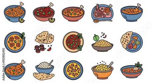 Variety of food in bowls plates.