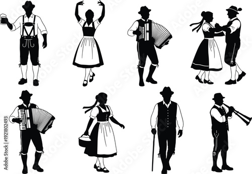 Black white German Bavarian cultural vector set, traditional folk characters illustration, lederhosen dirndl costume, accordion musician, beer festival graphic elements