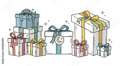 Colorful wrapped presents with ribbons bows.