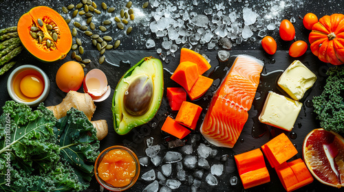 Fresh whole foods packed with vitamin A arranged on dark background, immunity and eye health nutrition theme