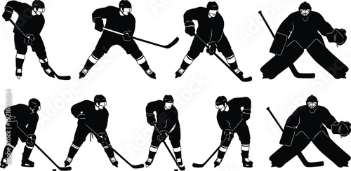 Ice hockey player silhouettes, goalie and skater vector artwork, winter sports graphic design, athletic clipart collection, dynamic hockey action poses, stylized ice athlete illustration set