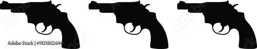 Revolver handgun silhouette set vector illustration, black pistol firearm icon collection, classic gun shape isolated on light background