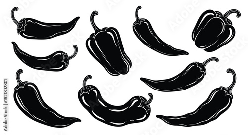A collection of black chili peppers in various curved arrangements