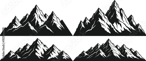 Mountain silhouette illustrations, stylized vector artwork, snow‑capped peak graphics, outdoor landscape design, rustic nature clipart, alpine scenery icons, adventure emblem set, wilderness mountain 