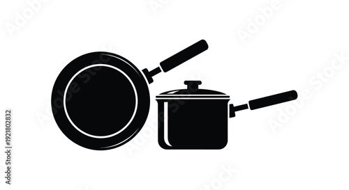 Black and white illustration of a frying pan and small saucepan