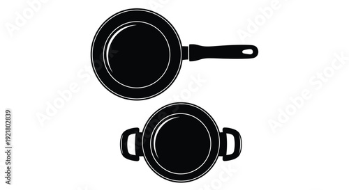 Black and white illustration of a frying pan and saucepan