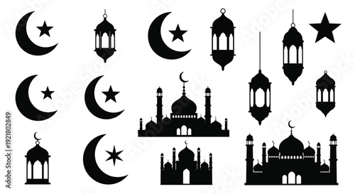 Islamic themed silhouettes featuring crescent moons stars and mosque designs