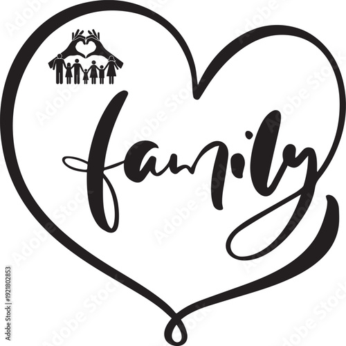 Family silhouette inside a heart shape with the word family in script representing love and togetherness