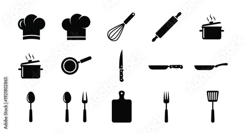 Black silhouette icons depicting cooking utensils and chef hats
