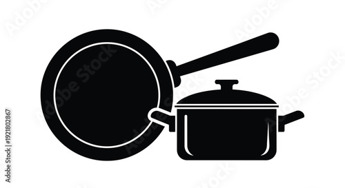 Black and white illustration of a frying pan and cooking pot