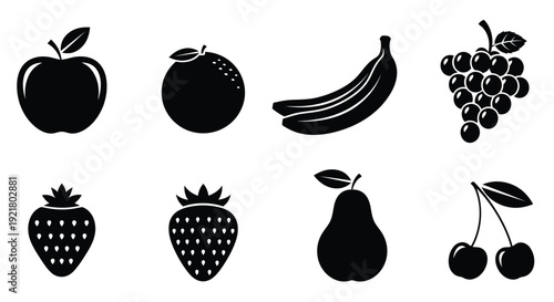 Black and white silhouettes of various fruits arranged in a grid