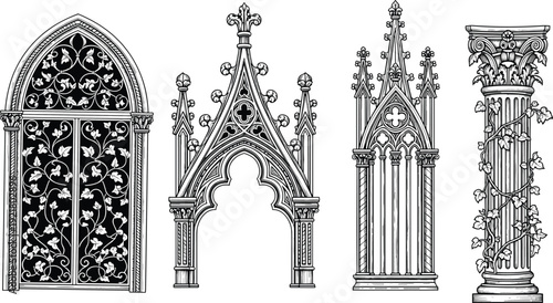 Gothic architectural elements vector illustration featuring ornate arches columns tracery cathedral details medieval design line art black white engraving decorative historic vintage