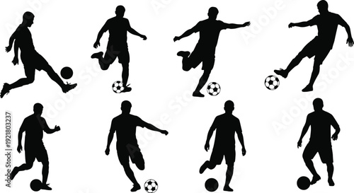 Soccer player silhouettes, football vector artwork, dynamic sports graphic design, athletic clipart collection, ball action poses, outdoor game icon set, stylized soccer illustration design