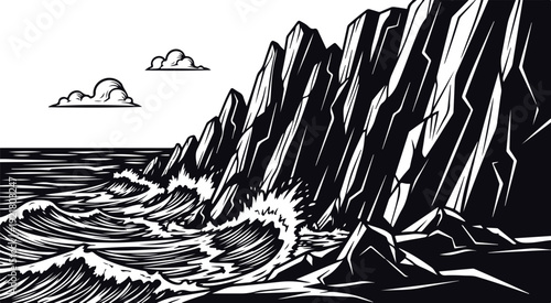 Dramatic Ocean Waves Crashing Against Rugged Rocky Cliffs Illustration