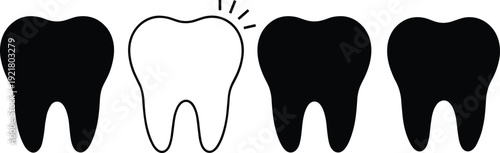 Tooth icon set vector illustration, black dental molar symbols with outline highlight isolated on light background