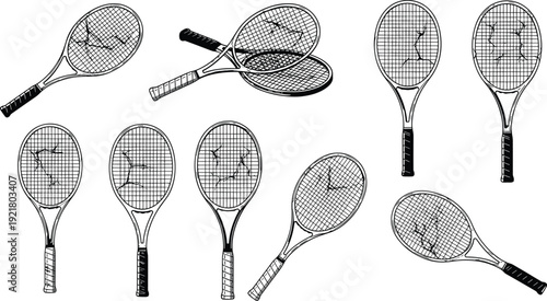Hand drawn broken tennis racket vector set showing damaged strings and cracked sporting equipment isolated on a plain white background.