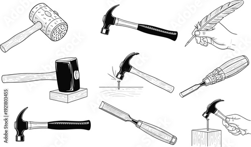 Hand drawn carpentry tool vector set featuring hammer mallet chisel and feather quill pen for woodworking and crafting on white background.