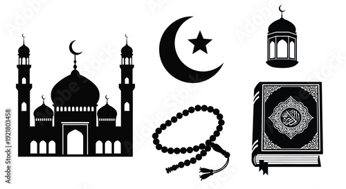 Islamic symbols including a crescent moon mosque and holy book